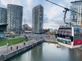 The Emirates Air Line is a cable car link across the River Thames in London, England, built by Doppelmayr with sponsorship Royalty Free Stock Photo