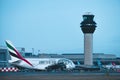 An Emirates Airbus A380 decorated with the special Museum of the Future livery on the runway at Manchester Airport