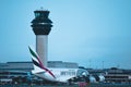 An Emirates Airbus A380 decorated with the special Museum of the Future livery on the runway at Manchester Airport