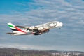 Emirates Airbus A380-861 jet leaving Zurich in Switzerland Royalty Free Stock Photo