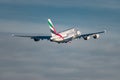 Emirates Airbus A380-861 jet leaving Zurich in Switzerland Royalty Free Stock Photo