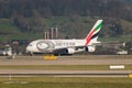 Emirates Airbus A380-861 jet in Zurich in Switzerland Royalty Free Stock Photo