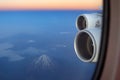 Emirates Airbus A380 wing view, Damavand volcano seen.