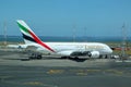 Emirates Airline plane on tarmac at the Auckland International Airport Royalty Free Stock Photo