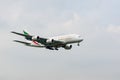LONDON, ENGLAND - SEPTEMBER 27, 2017: Emirates Airlines Airbus A380 A6-EDJ landing in London Heathrow International Airport. Royalty Free Stock Photo