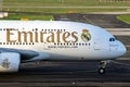 Emirates Airlines Airbus A380 passenger plane departing Dusseldorf Airport. Germany - December 17, 2015 Royalty Free Stock Photo