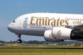 Emirates Airlines Airbus A380 passenger plane taking off from Amsterdam-Schiphol Airport. Amsterdam, The Netherlands - August 17, Royalty Free Stock Photo