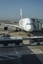 Emirates airlines` A380 is getting done and ready for take off at CDG airport in Paris, France