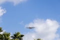 An Emirates airlines plane flying in the sky with lush green palm trees, blue sky and clouds in Inglewood California Royalty Free Stock Photo