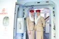 Emirates crew members meet passengers