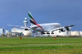 Emirates A380 landing at Schiphol airport