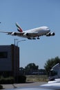 Emirates A380 plane landing on Amsterdam Airport, AMS