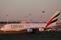 Emirates A380 plane taxiing in Dusseldorf Airport, DUS Royalty Free Stock Photo