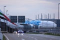 Emirates A380 plane taxiing over the bridge Royalty Free Stock Photo