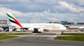 Emirates A380-861 preparing to take off at Manchester Airport