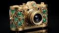 Exquisite Gold Camera With Intricate Green Detail And Fairytale-inspired Design