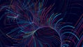 Emitter curved blue red lines. 3d abstract bg with glow particles form multicolored lines, lines twisted in round