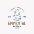 Emmental Abstract Vector Sign, Symbol or Logo Template. Hand Drawn Sketch Cheese Piece with Retro Typography. Vintage