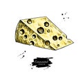 Emmental cheese drawing. Vector hand drawn food sketch. Triangle slice cut.