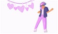 Emo girl dances and sings in headphones. Template for youth party. Young active woman in sunglasses. Minimalistic banner