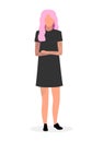 Emo girl flat vector illustration. Young woman with pink hair and tattooed cartoon character. Hipster lady wearing black dress