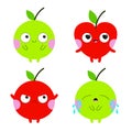 Emoji Apple icon. Emoticon. Green red color. Cute cartoon kawaii smiling sad angry crying in love baby character. Funny fruit. Royalty Free Stock Photo