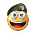 Emoji army solider isolated on white background, military emoticon wearing beret 3d rendering Royalty Free Stock Photo