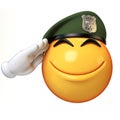 Emoji army solider isolated on white background, military emoticon wearing beret saluting 3d rendering