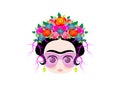 Emoji baby Frida Kahlo with crown of colorful flowers and glasses
