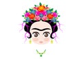 Emoji baby Frida Kahlo with crown of colorful flowers, isolated