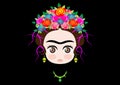 Emoji baby Frida Kahlo with crown of colorful flowers, isolated on black