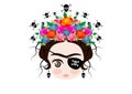 Emoji baby Frida Kahlo with crown and of colorful flowers, Pirate icon Emoji, vector isolated