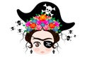 Emoji baby Frida Kahlo with crown and of colorful flowers, Pirate icon Emoji, vector isolated