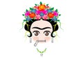 Emoji baby Frida Kahlo with crown and of colorful flowers, Zipper Mouth Face Emoji, vector isolated