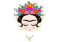 Emoji baby Frida Kahlo sleeping with crown and of colorful flowers, isolated