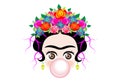 Emoji baby Frida Kahlo to cray with crown and of colorful flowers, baby girl with gum bubble, vector isolated