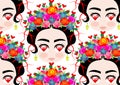 Emoji baby Mexican woman with crown of colorful flowers, typical Mexican hairstyle, little girl with eyes to heart