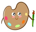 Emoji of a cute palette holding a green artistic paintbrush vector or color illustration