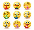 Emoji care emoticon vector set. Emoticons smiley characters in hug pose with heart elements of world, peace and nature for emojis. Royalty Free Stock Photo