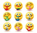 Emoji care emoticon vector set. Emoticons smiley characters in hug pose with heart elements of world, peace and nature for emojis.