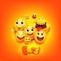 Emoji cartoon group smile character in 3d style on yellow background. Facial expression