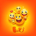 Emoji cartoon group smile character in 3d style on yellow background. Facial expression