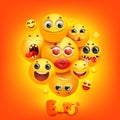 Emoji cartoon group smile character in 3d style on yellow background. Facial expression