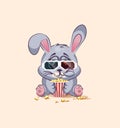 Emoji character cartoon Gray leveret chewing popcorn, watching movie in 3D glasses sticker emoticon