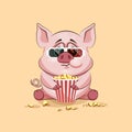 Emoji character cartoon Pig chewing popcorn, watching movie in 3D glasses sticker emoticon Royalty Free Stock Photo