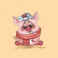 Emoji character cartoon Pig sick with thermometer in mouth sticker emoticon