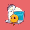 An emoji character seated on a laptop next to a desk lamp vector illustration. Royalty Free Stock Photo