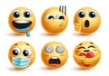 Emoji characters face vector set. Emojis emoticon yellow character in hungry, approved, sick