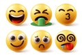 Emoji characters face vector set. Emoticon emojis facial expression like happy, vomiting, kiss, sad and hungry