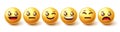 Emoji characters vector set. Smiley emoticons happy, jolly and sad expression in yellow face element for smileys facial collection Royalty Free Stock Photo